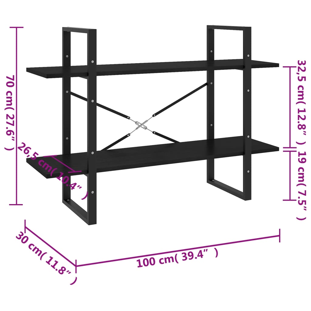 2-Tier Book Cabinet Black 100x30x70 cm Solid Pine Wood