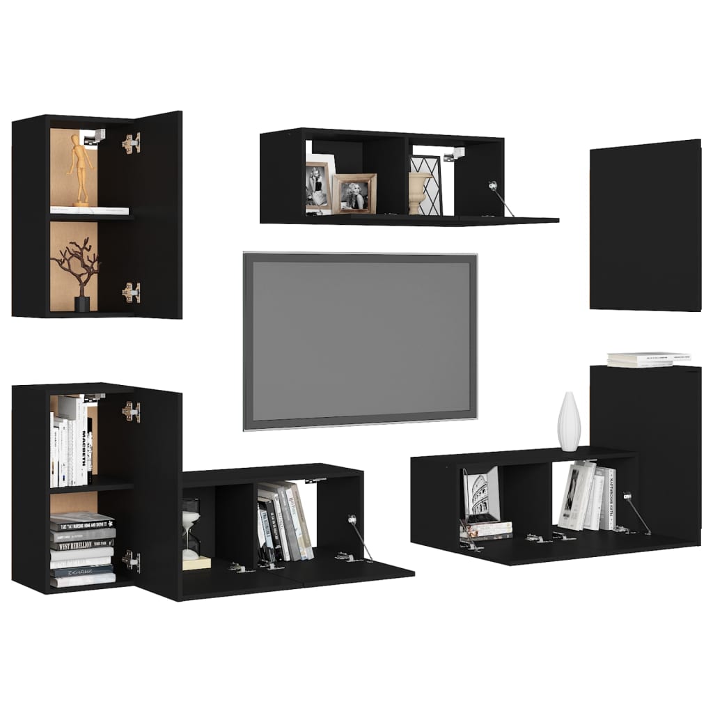 7 Piece TV Cabinet Set Black Engineered Wood