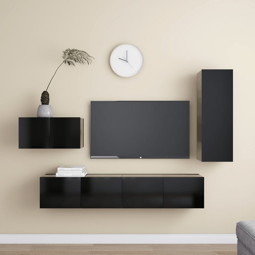 4 Piece TV Cabinet Set Black Engineered Wood