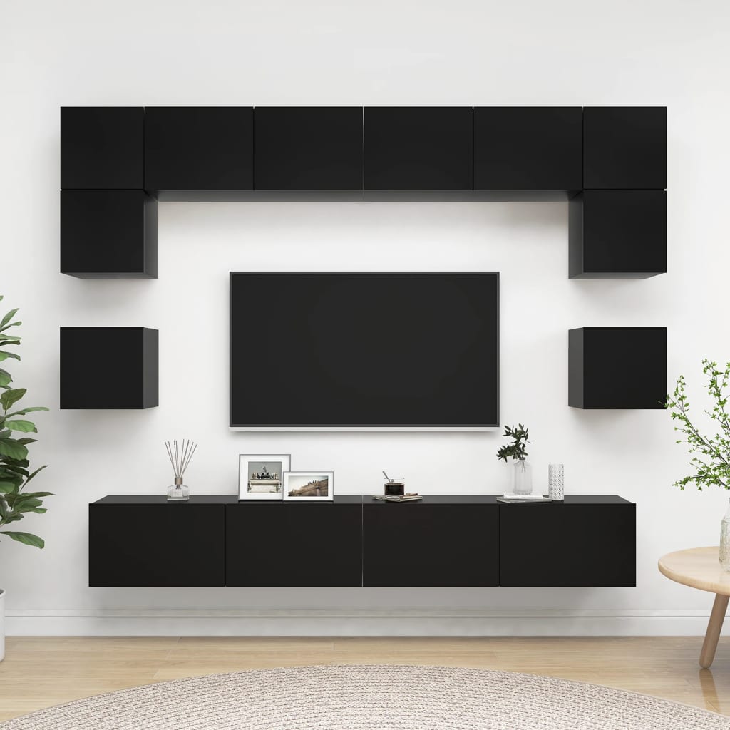 8 Piece TV Cabinet Set Black Engineered Wood