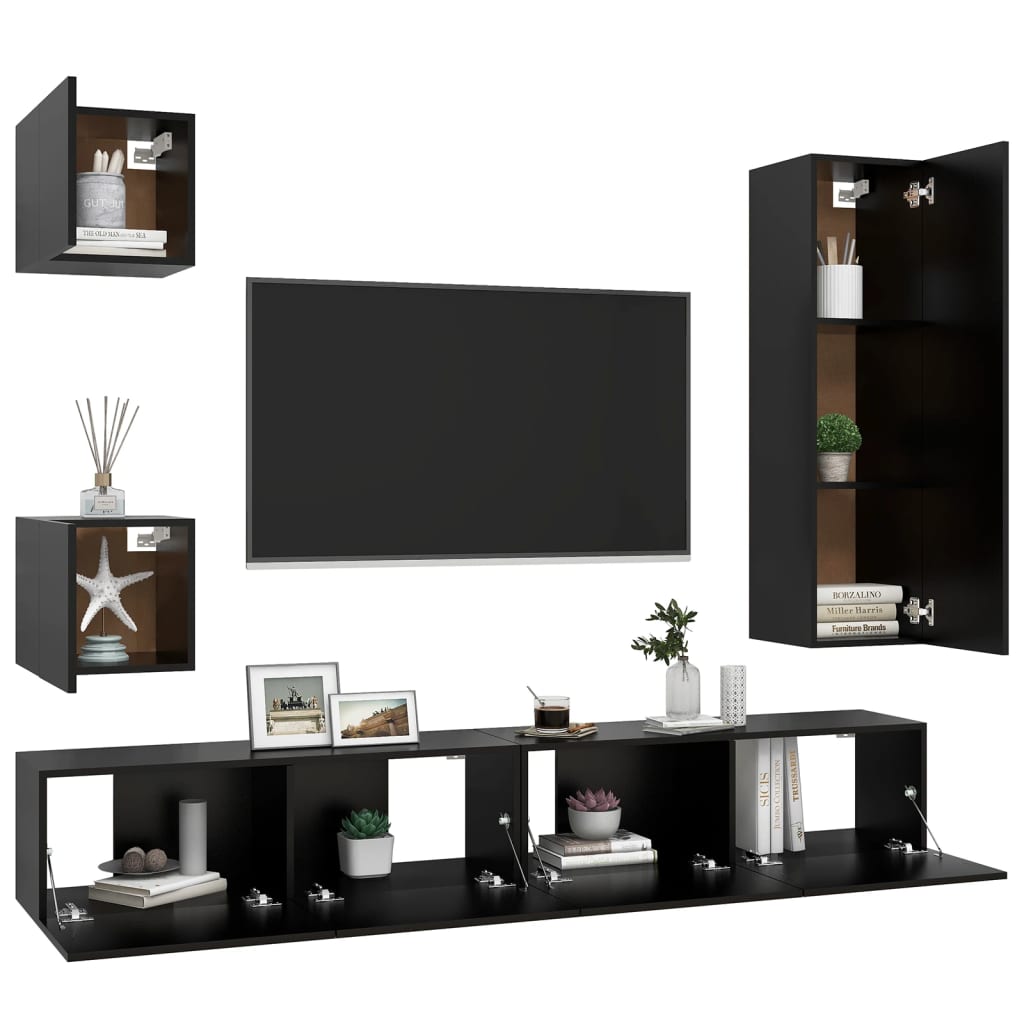 5 Piece TV Cabinet Set Black Engineered Wood