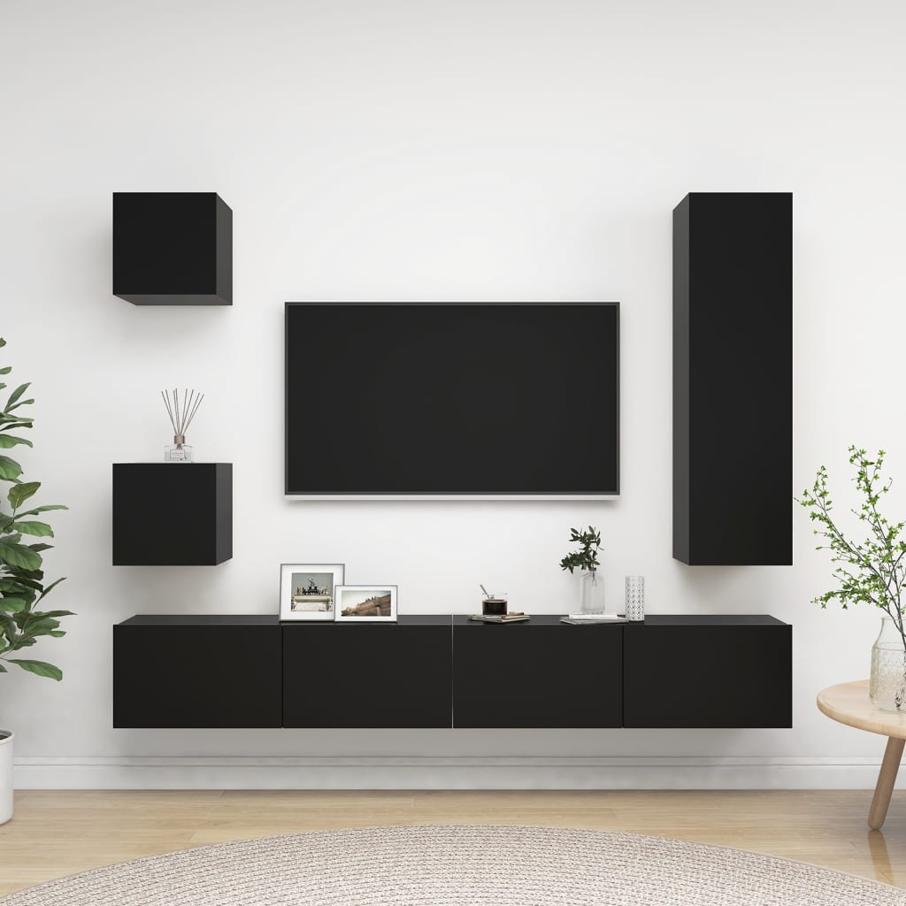 5 Piece TV Cabinet Set Black Engineered Wood