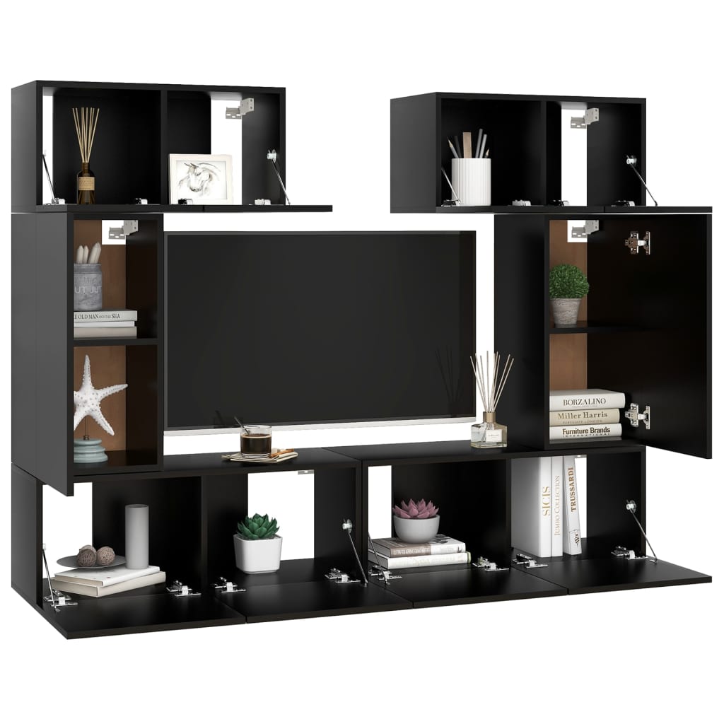 6 Piece TV Cabinet Set Black Engineered Wood