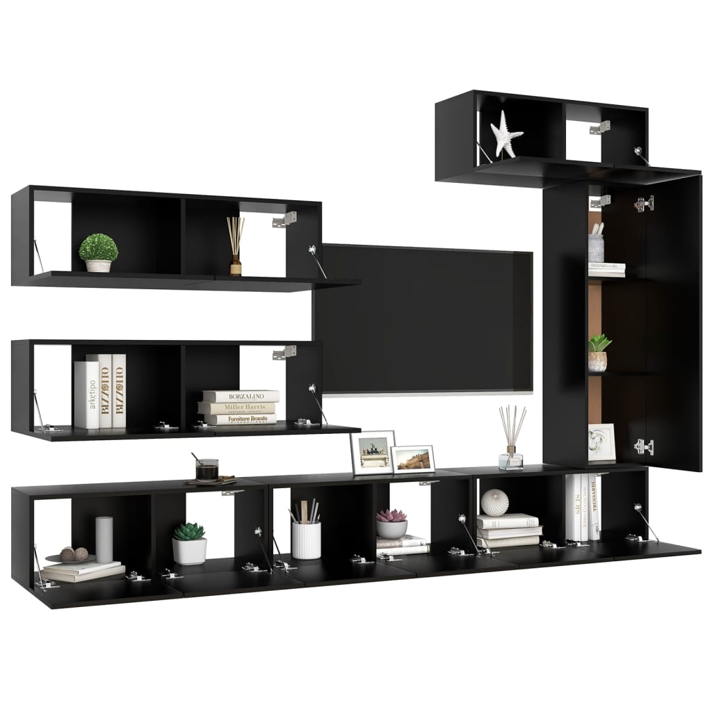 7 Piece TV Cabinet Set Black Engineered Wood