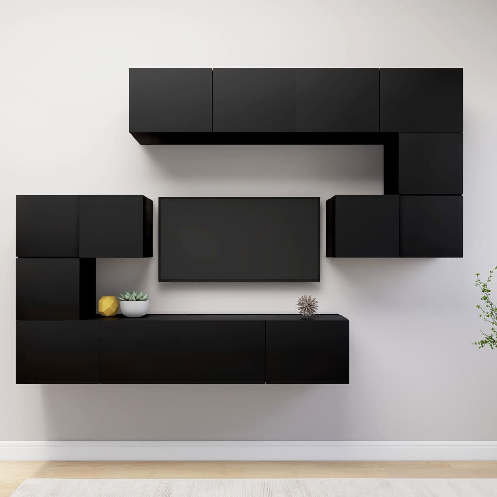 8 Piece TV Cabinet Set Black Engineered Wood