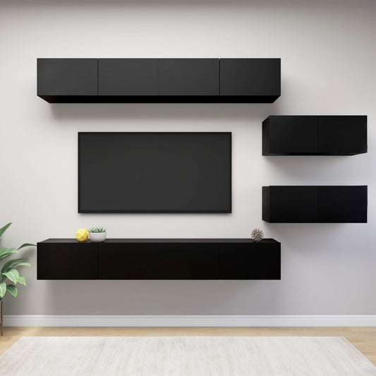 6 Piece TV Cabinet Set Black Engineered Wood