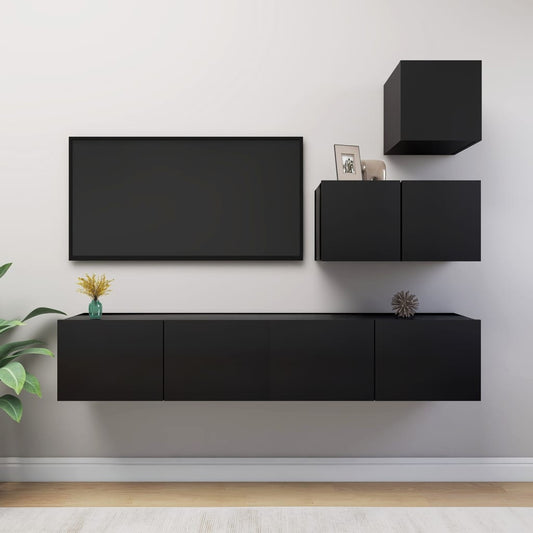 4 Piece TV Cabinet Set Black Engineered Wood