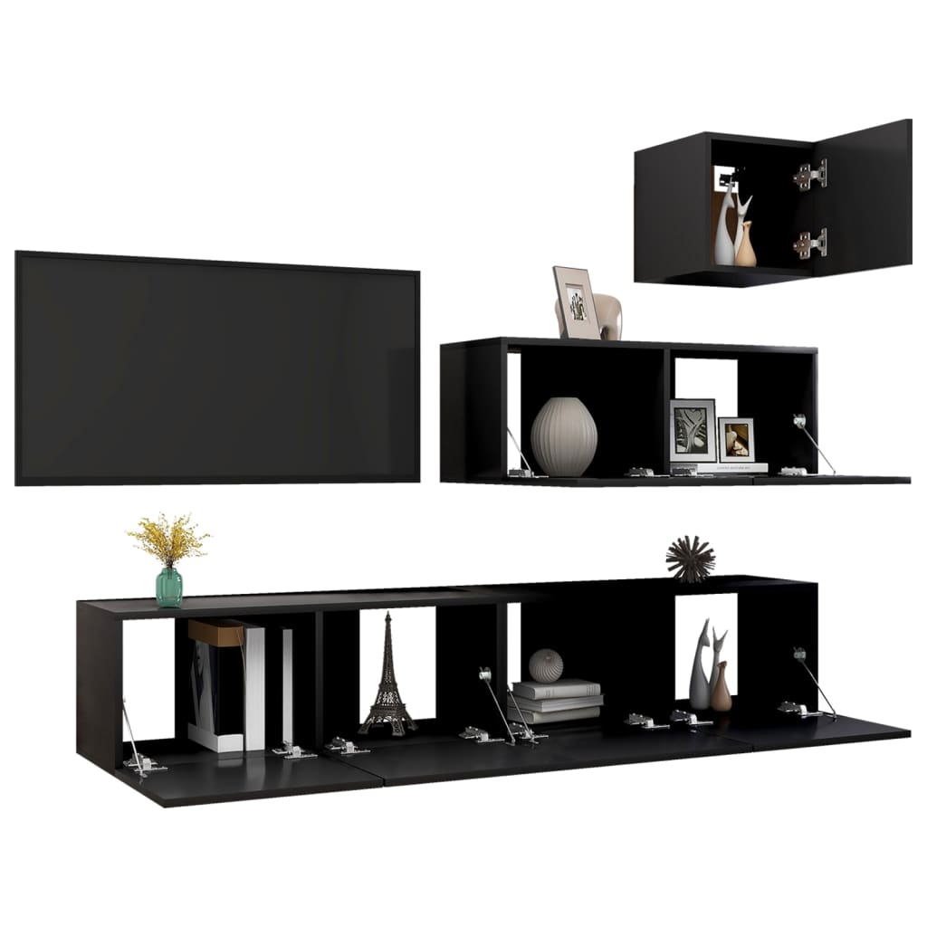 4 Piece TV Cabinet Set Black Engineered Wood