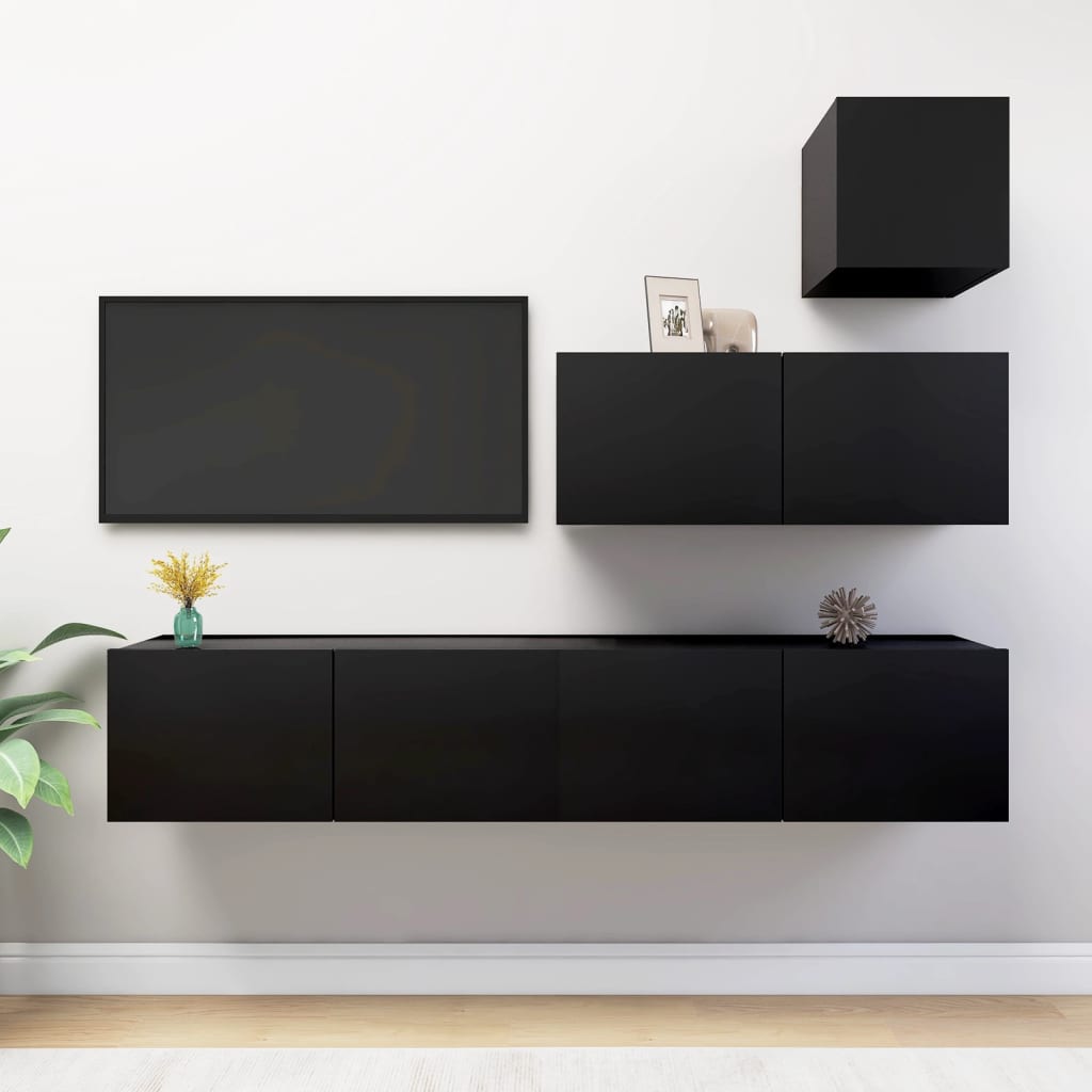 4 Piece TV Cabinet Set Black Engineered Wood