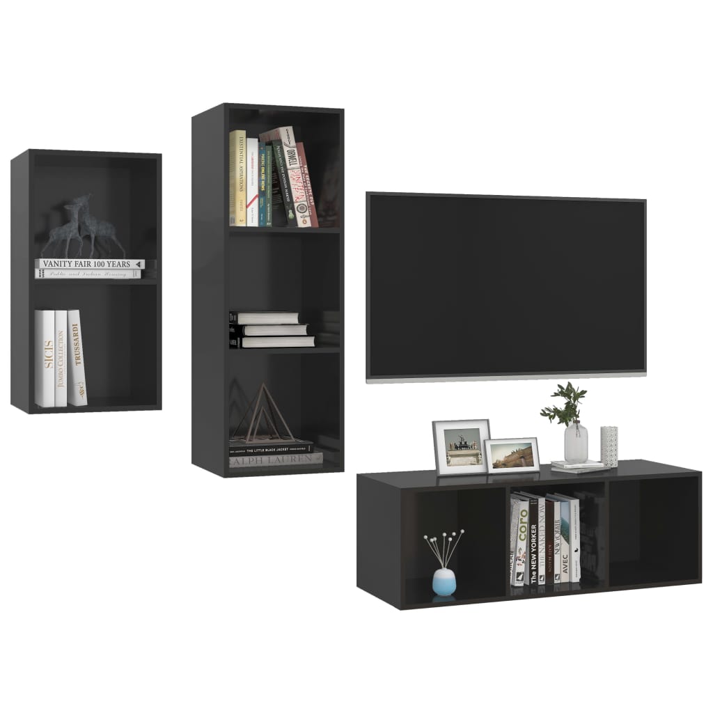 3 Piece TV Cabinet Set High Gloss Black Engineered Wood