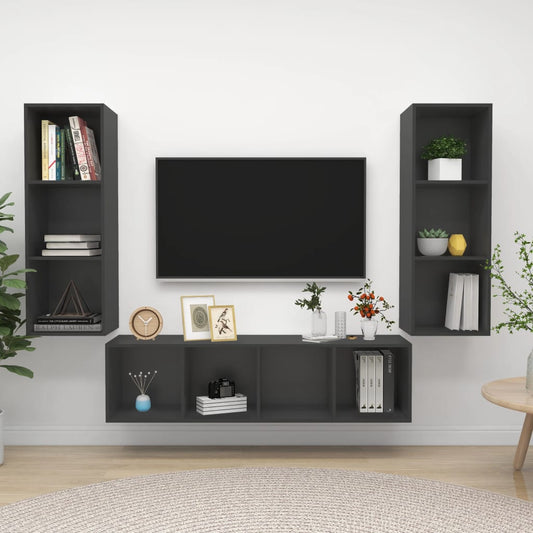 3 Piece TV Cabinet Set Grey Engineered Wood