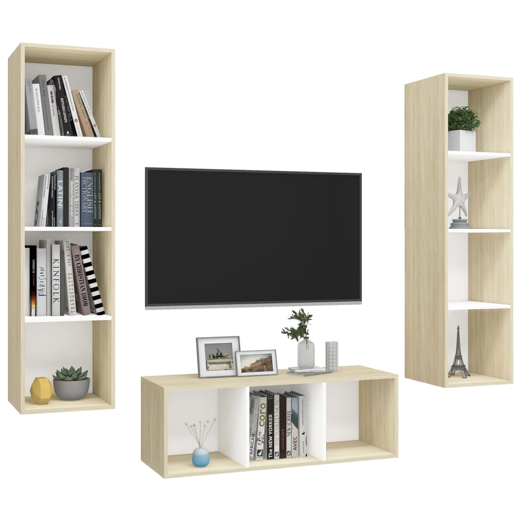 3 Piece TV Cabinet Set White and Sonoma Oak Engineered Wood