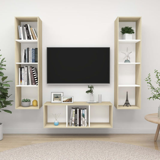 3 Piece TV Cabinet Set White and Sonoma Oak Engineered Wood