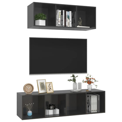 2 Piece TV Cabinet Set High Gloss Grey Engineered Wood