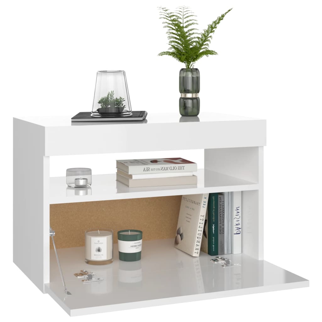 Bedside Cabinet & LED Lights High Gloss White 60x35x40 cm