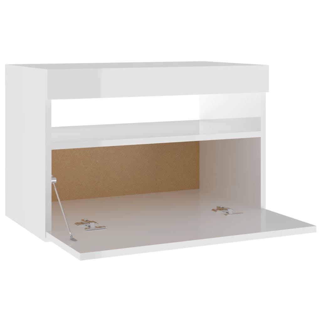 Bedside Cabinet & LED Lights High Gloss White 60x35x40 cm