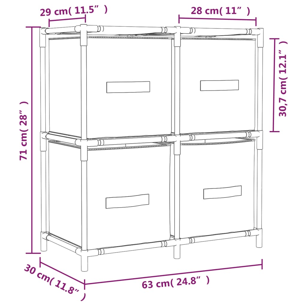 Storage Cabinet with 4 Fabric Baskets Cream 63x30x71 cm Steel