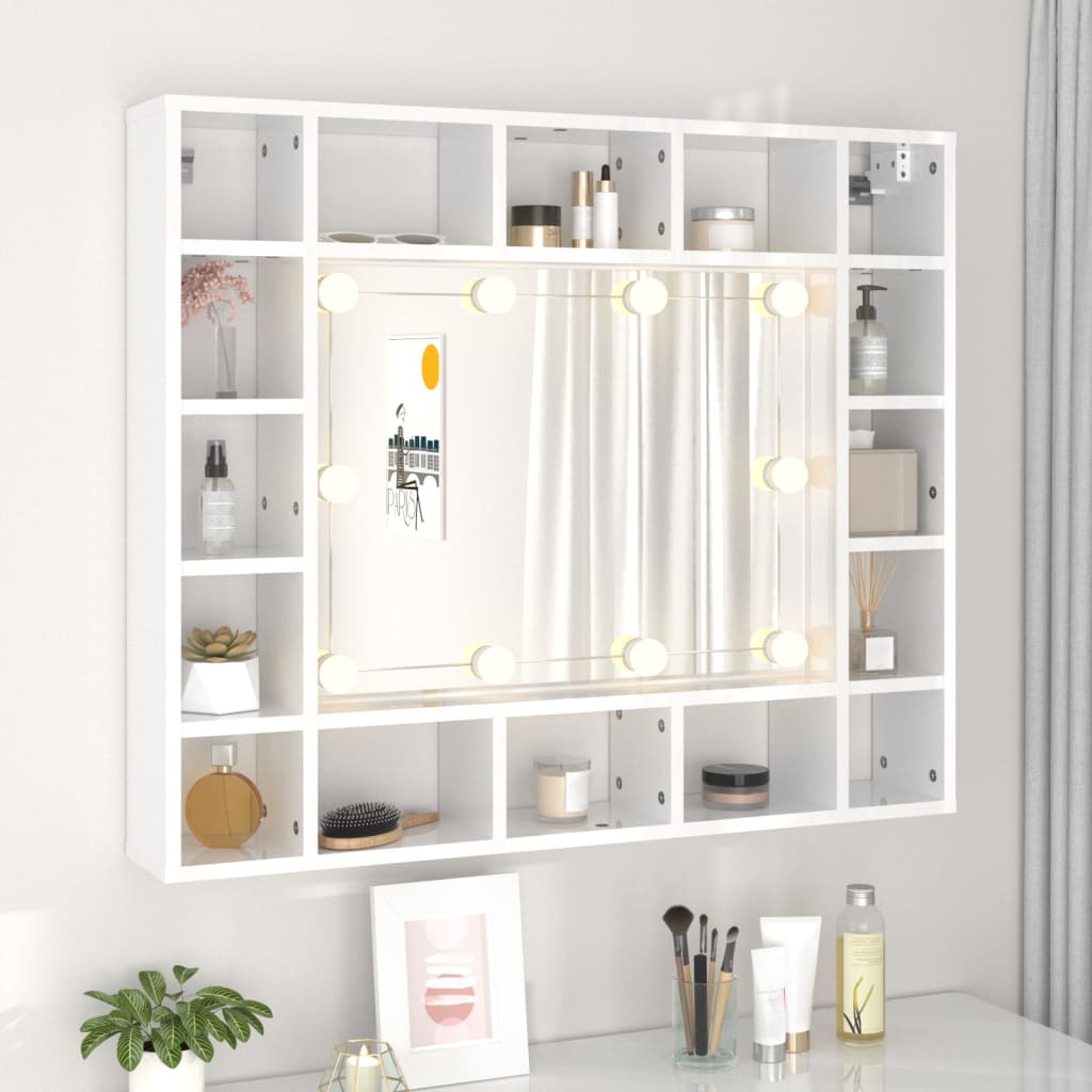 Mirror Cabinet with LED High Gloss White 91x15x76.5 cm