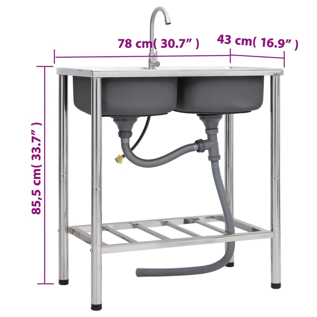 Camping Sink Double Basins with Tap Stainless Steel