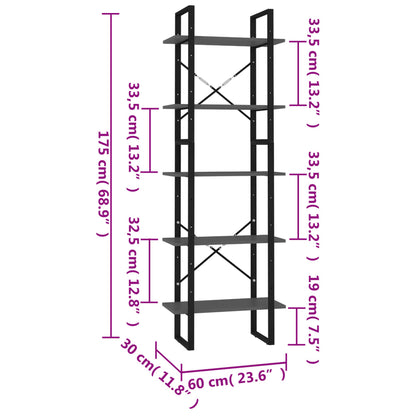 5-Tier Book Cabinet Grey 60x30x175 cm Engineered Wood