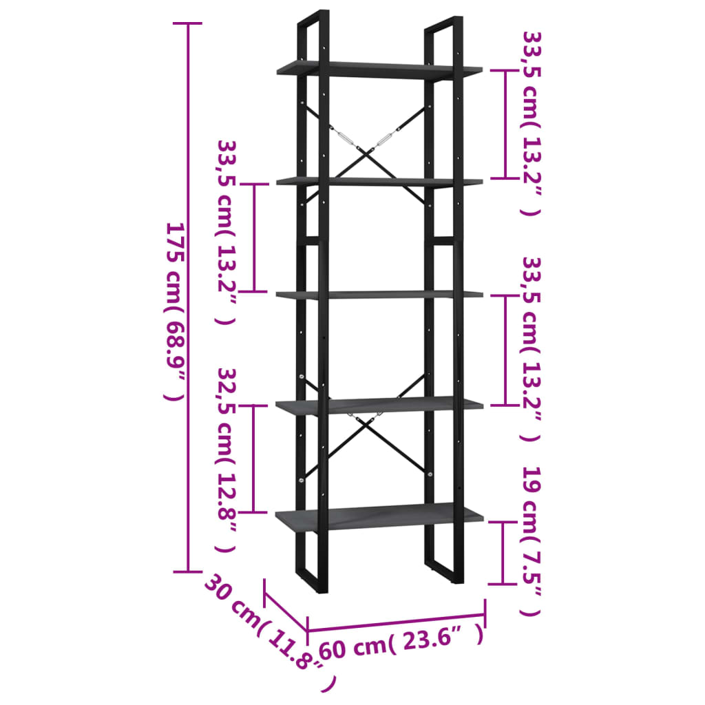 5-Tier Book Cabinet Grey 60x30x175 cm Pinewood