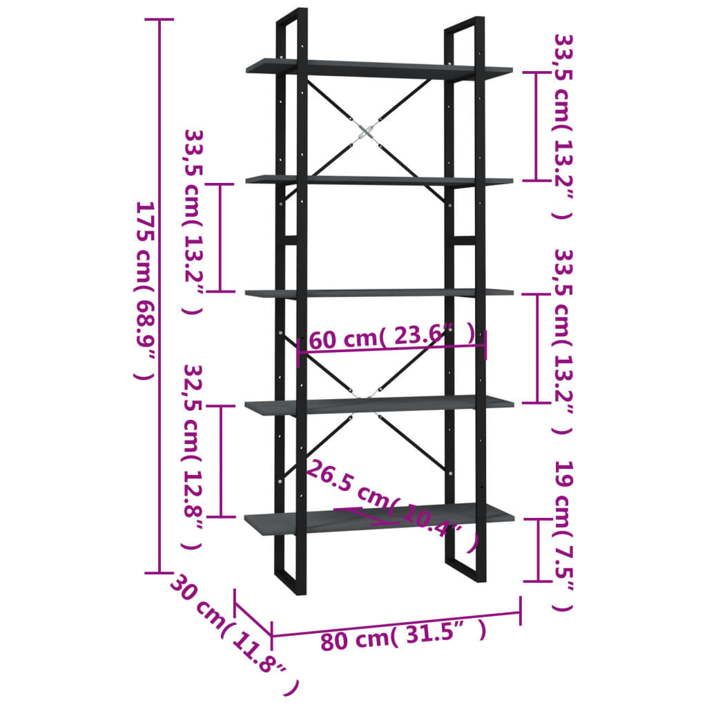 5-Tier Book Cabinet Grey 80x30x175 cm Pinewood