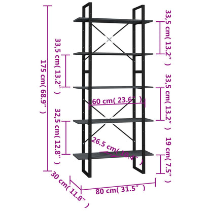 5-Tier Book Cabinet Grey 80x30x175 cm Pinewood