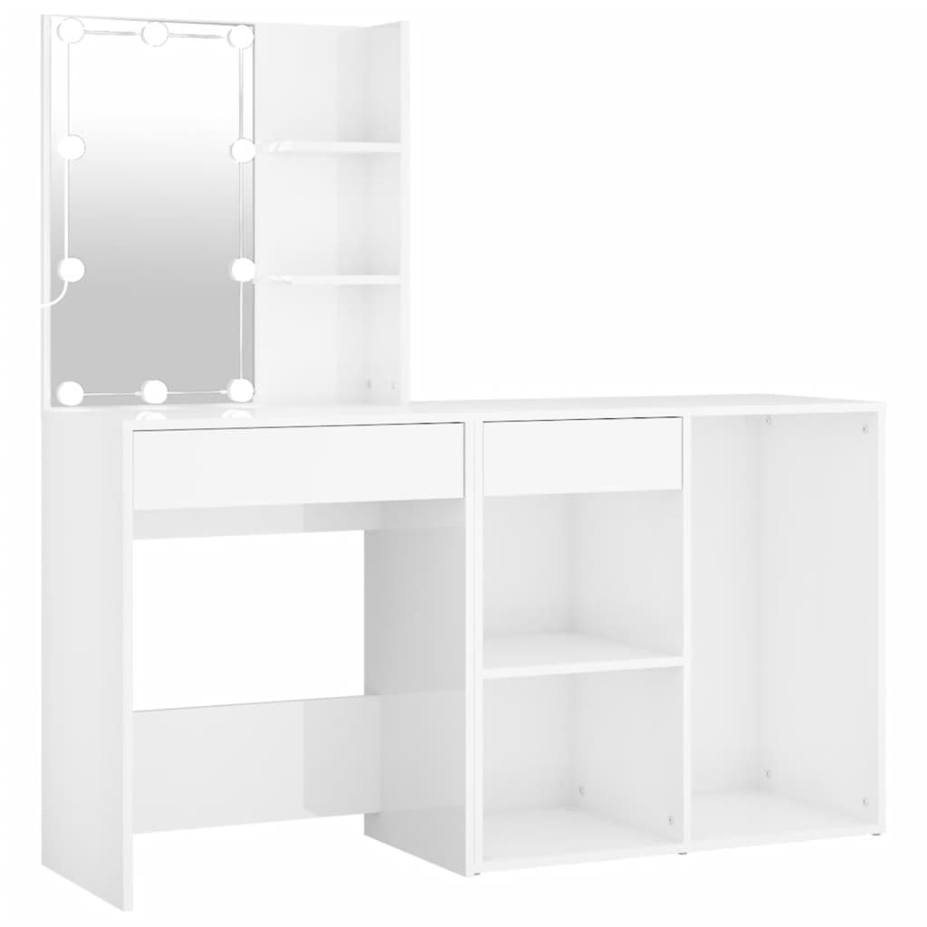 LED Dressing Table with Cabinet High Gloss White Engineered Wood