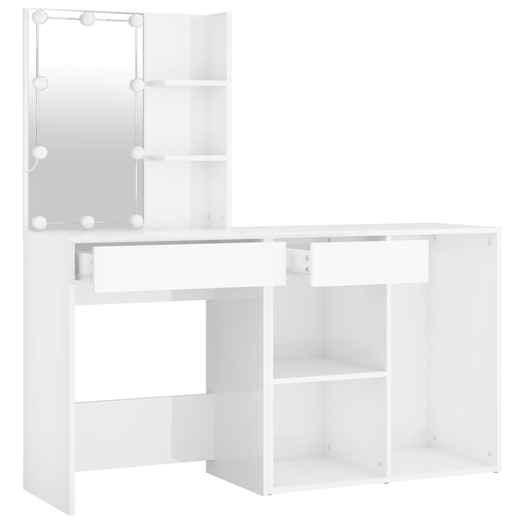 LED Dressing Table with Cabinet High Gloss White Engineered Wood