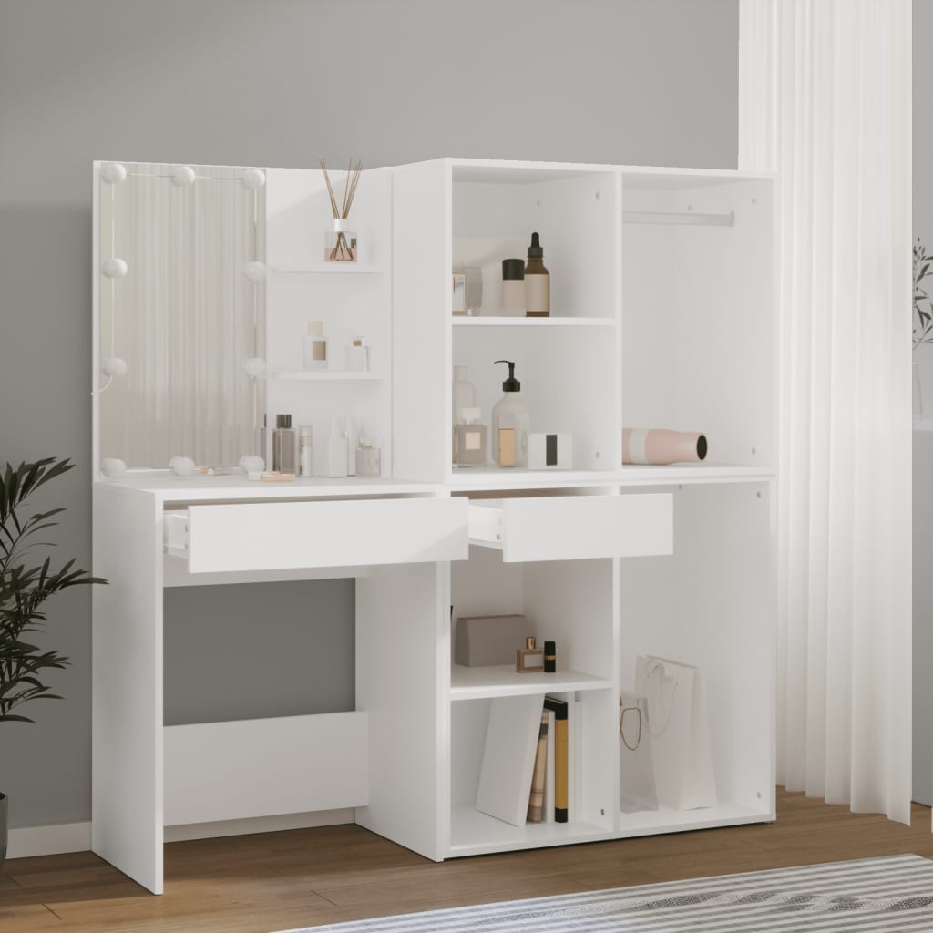 LED Dressing Table with 2 Cabinets White Engineered Wood