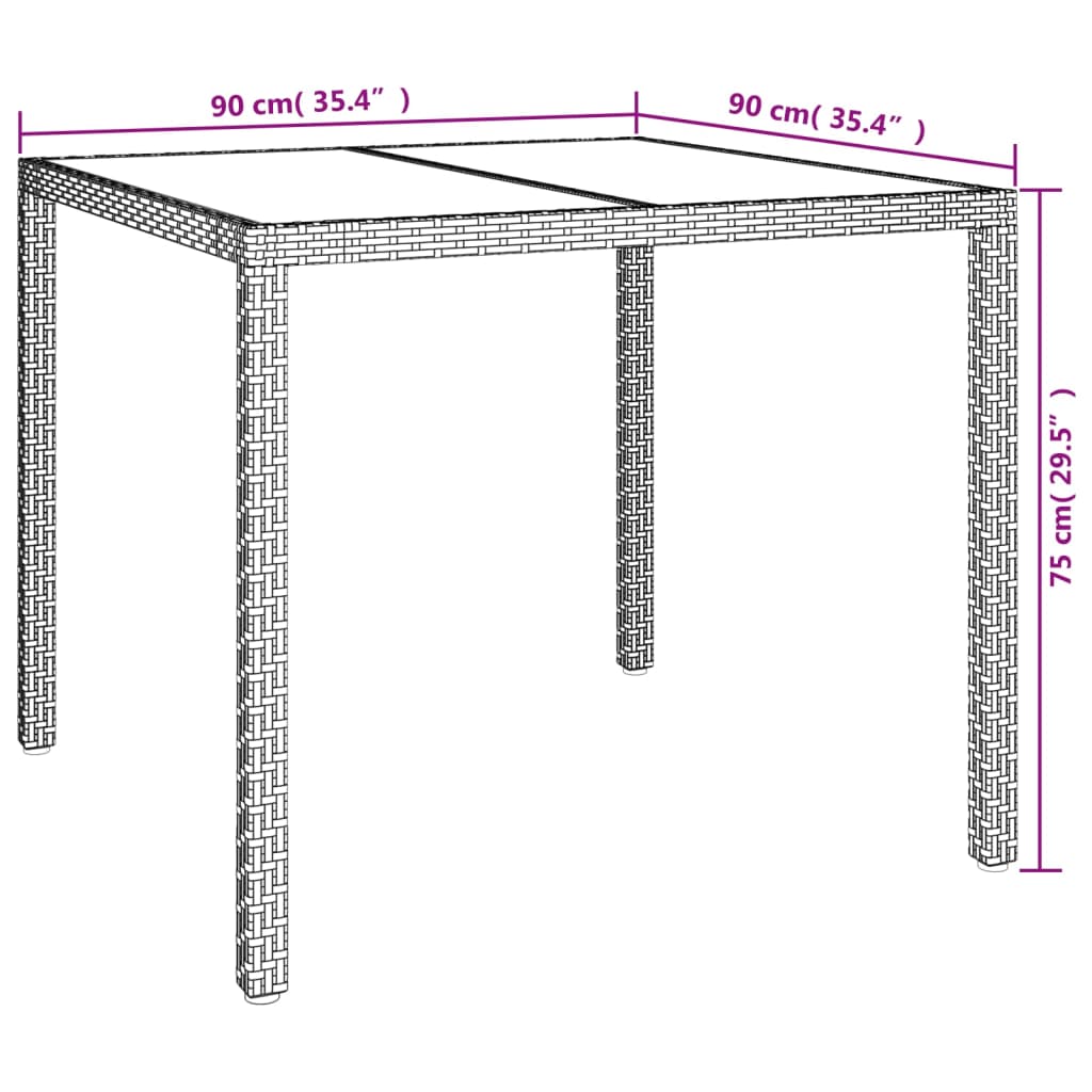 Garden Table 90x90x75 cm Tempered Glass and Poly Rattan Brown