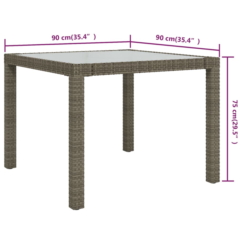 Garden Table 90x90x75 cm Tempered Glass and Poly Rattan Grey