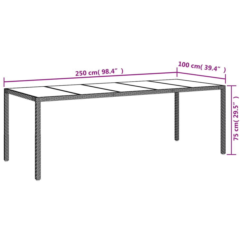 Garden Table Grey 250x100x75 cm Tempered Glass and Poly Rattan