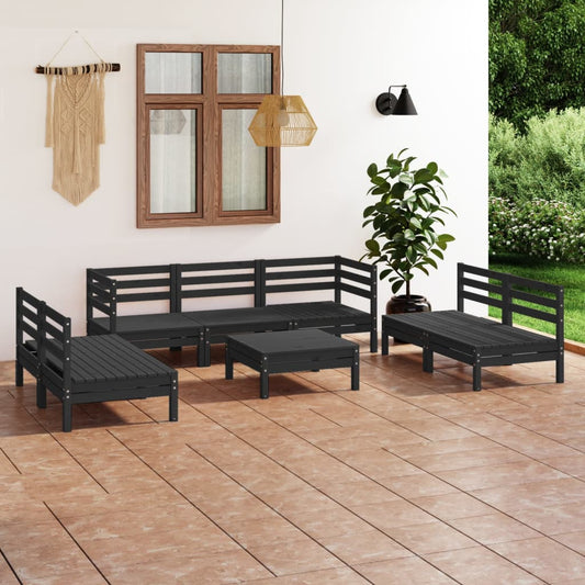 8 Piece Garden Lounge Set Black Solid Pinewood