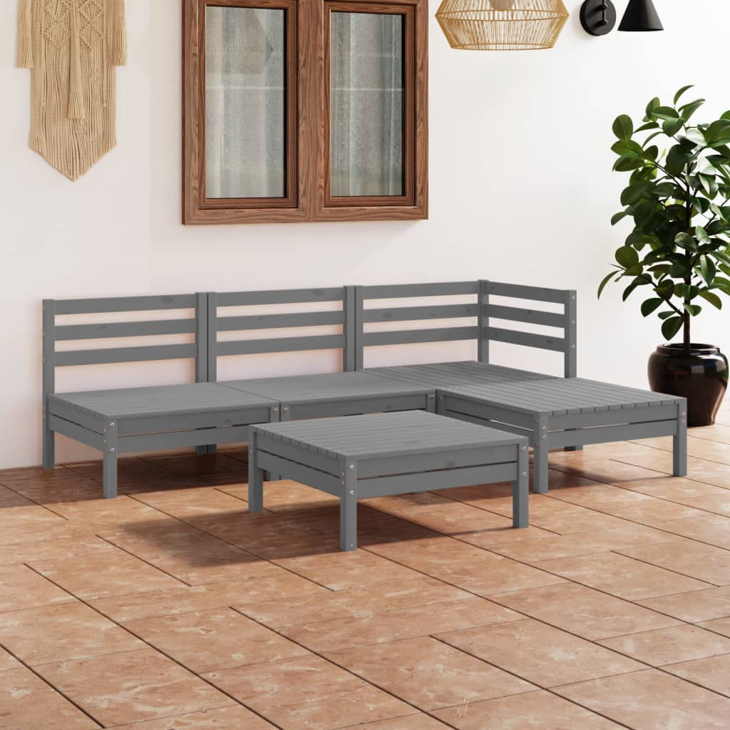 5 Piece Garden Lounge Set Solid Pinewood Grey