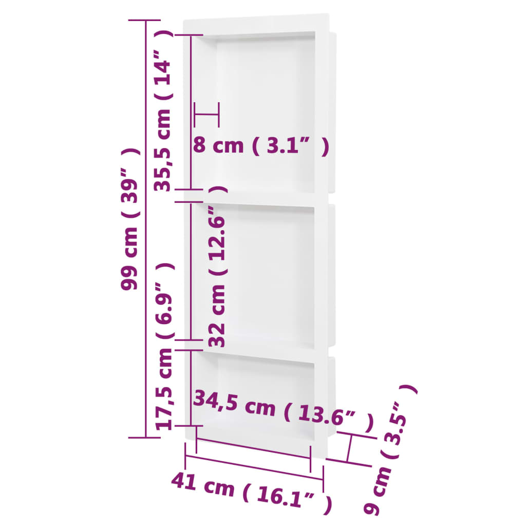 Shower Niche with 3 Compartments Matt White 41x99x9 cm