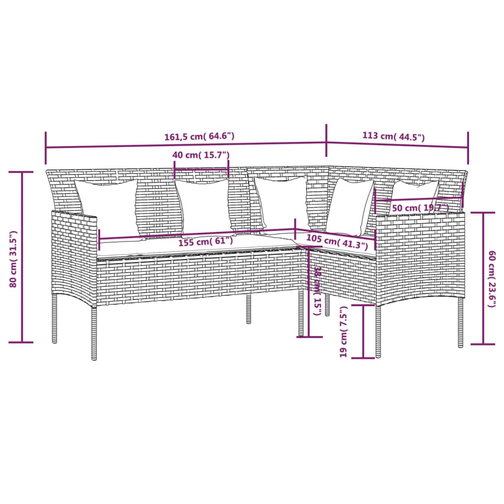 L-shaped Couch Sofa with Cushions Poly Rattan Brown