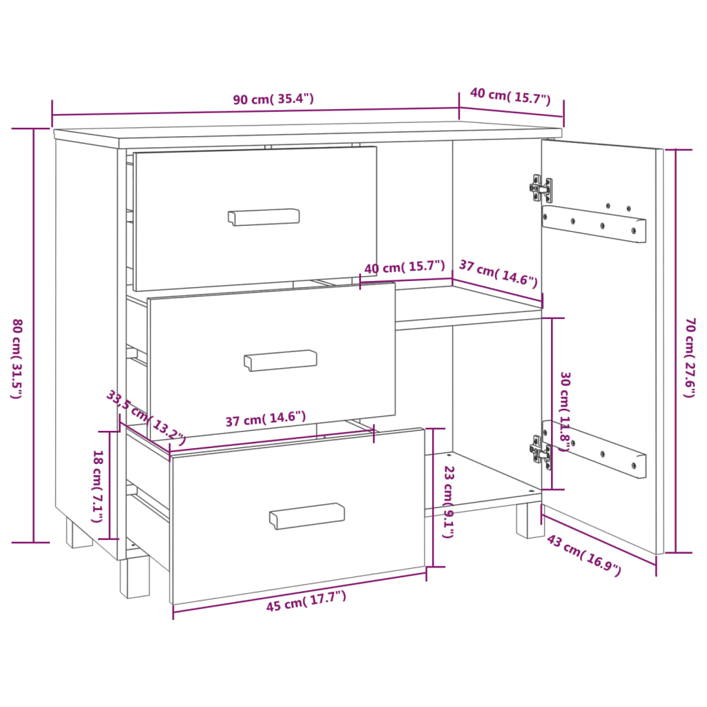 Sideboard HAMAR Dark Grey 90x40x80 cm Solid Pinewood