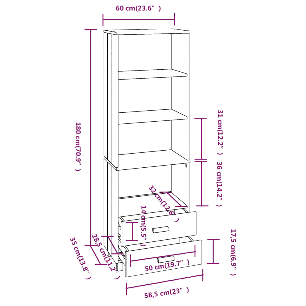 Highboard HAMAR White 60x35x180 cm Solid Wood Pine