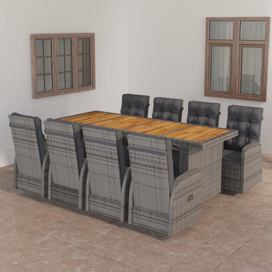 9 Piece Garden Dining Set with Cushions Grey Poly Rattan