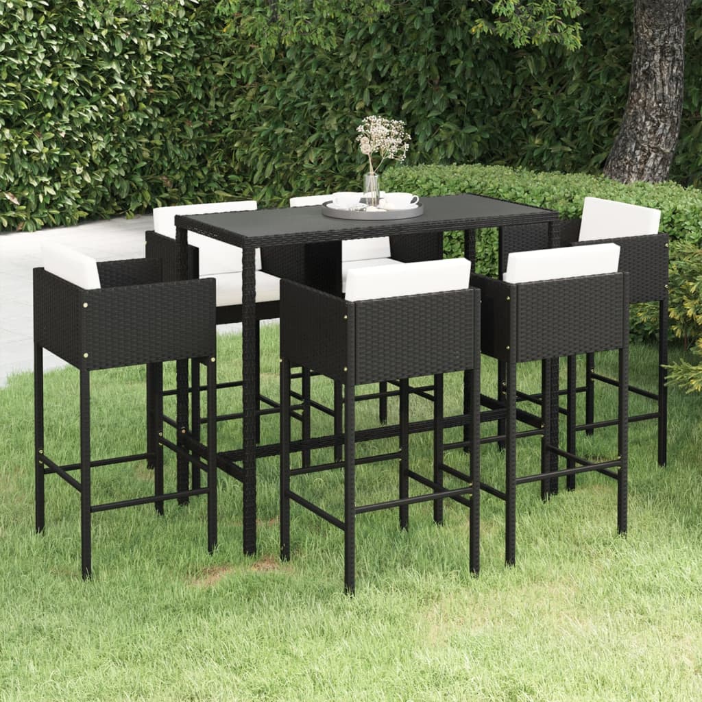 7 Piece Garden Bar Set with Cushions Poly Rattan Black