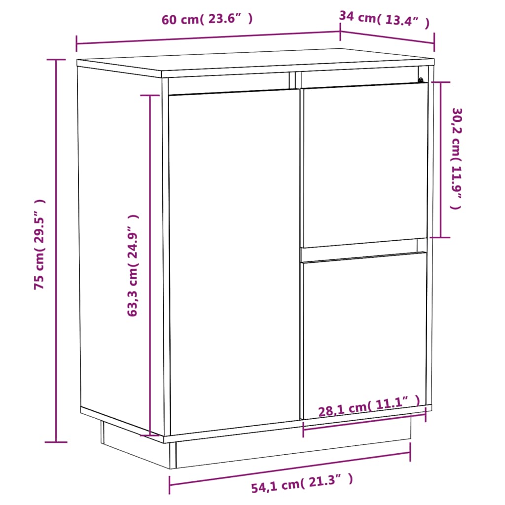 Sideboard White 60x34x75 cm Solid Wood Pine