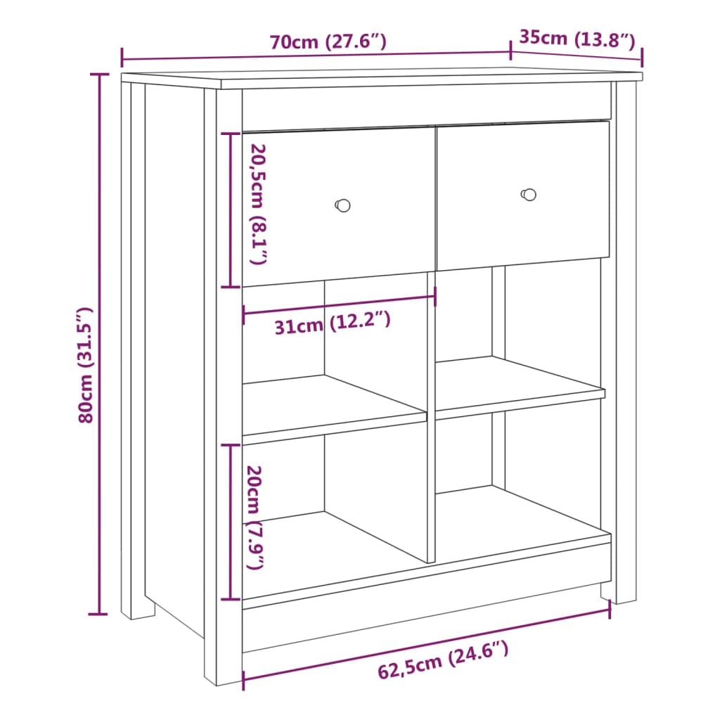 Sideboard Black 70x35x80 cm Solid Wood Pine