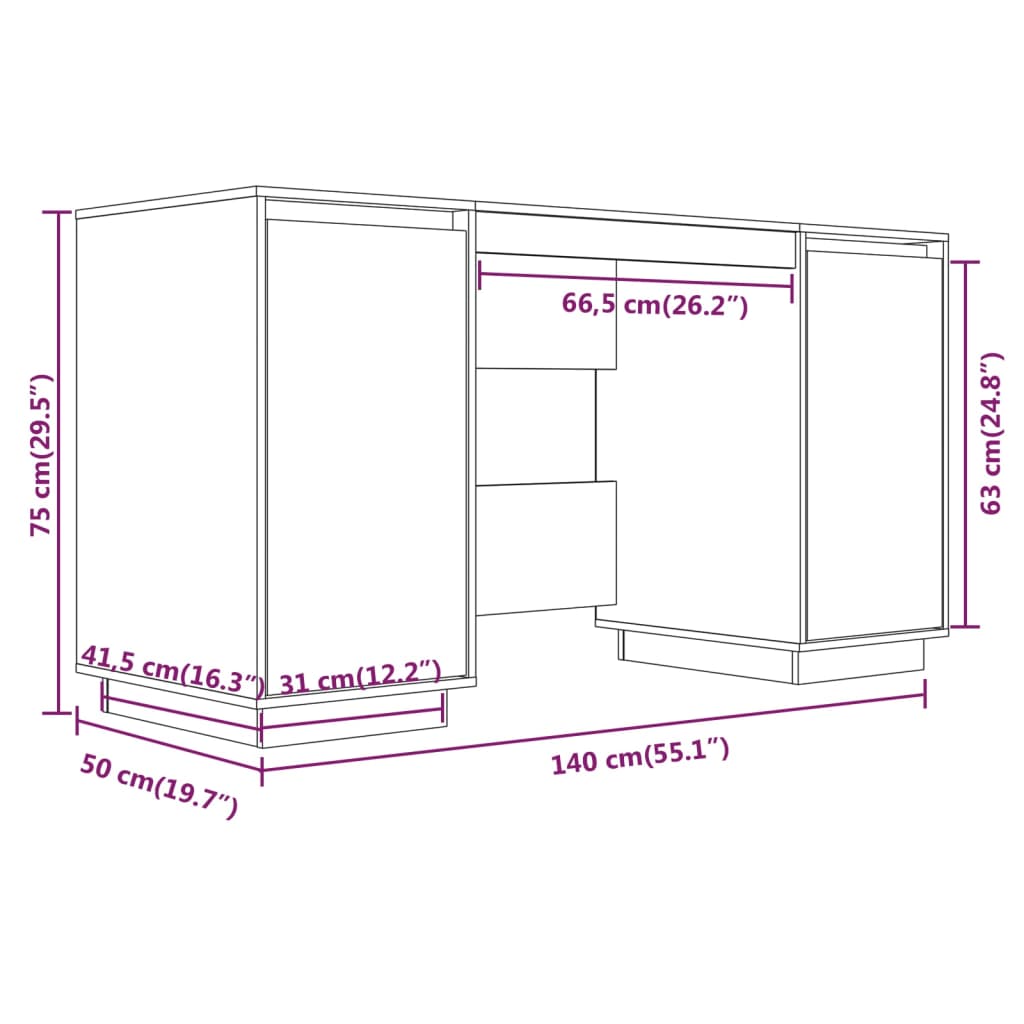 Desk White 140x50x75 cm Solid Wood Pine