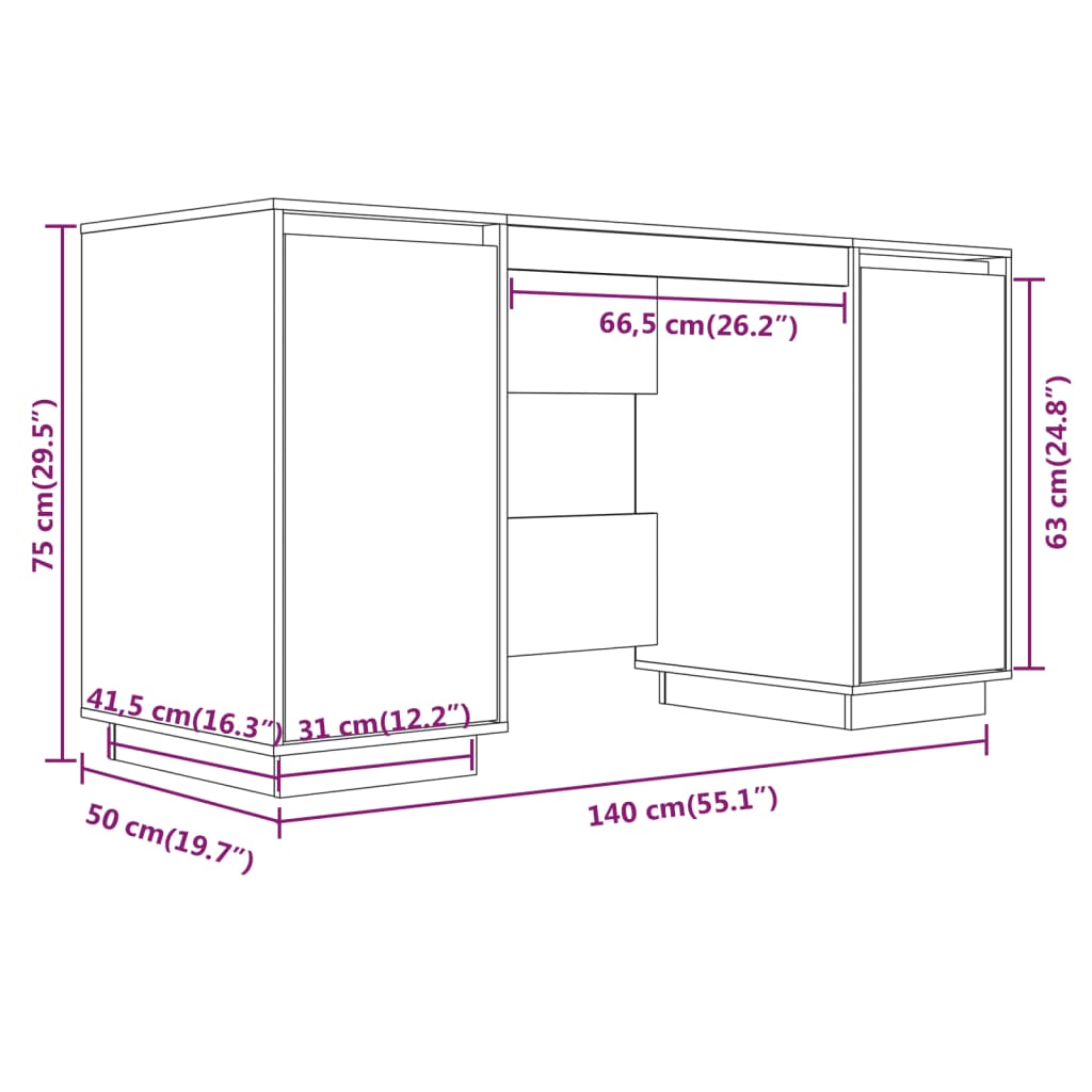 Desk Black 140x50x75 cm Solid Wood Pine