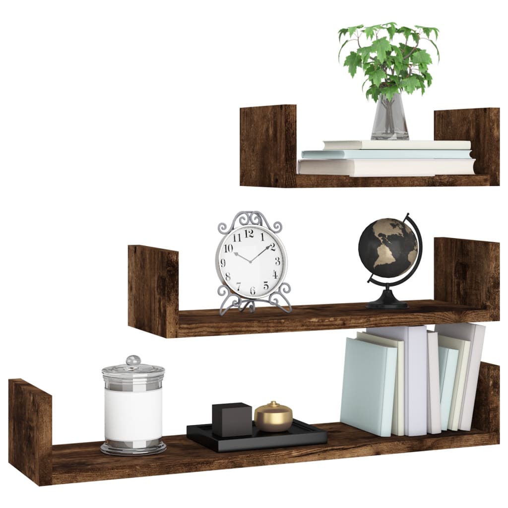 Wall Display Shelves 3 pcs Smoked Oak Engineered Wood