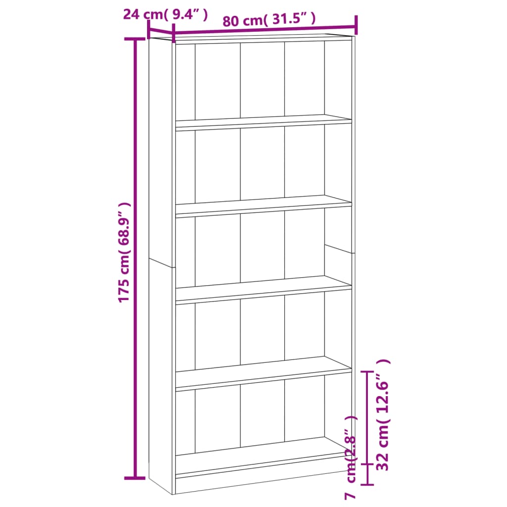 5-Tier Book Cabinet Smoked Oak 80x24x175 cm Engineered Wood