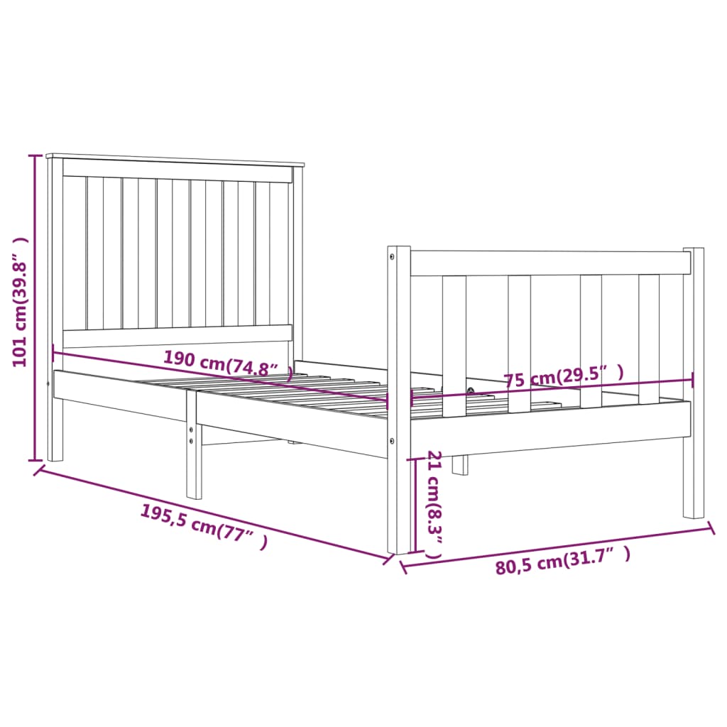 Bed Frame without Mattress White Solid Wood Small Single