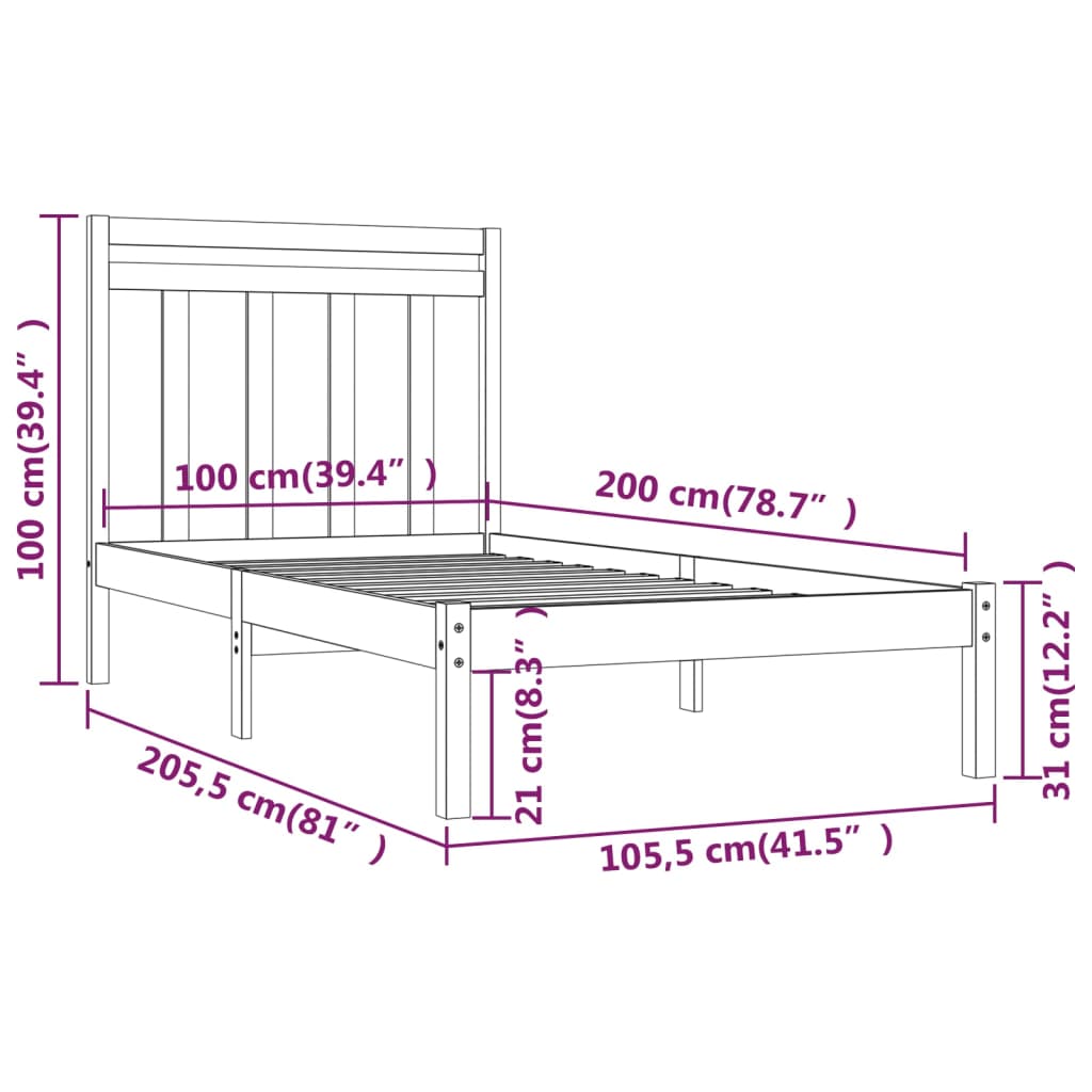 Bed Frame without Mattress Black 100x200 cm Solid Wood