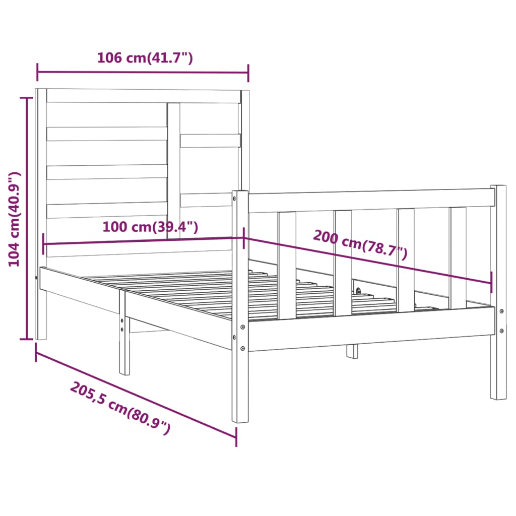 Bed Frame without Mattress Black 100x200 cm Solid Wood Pine